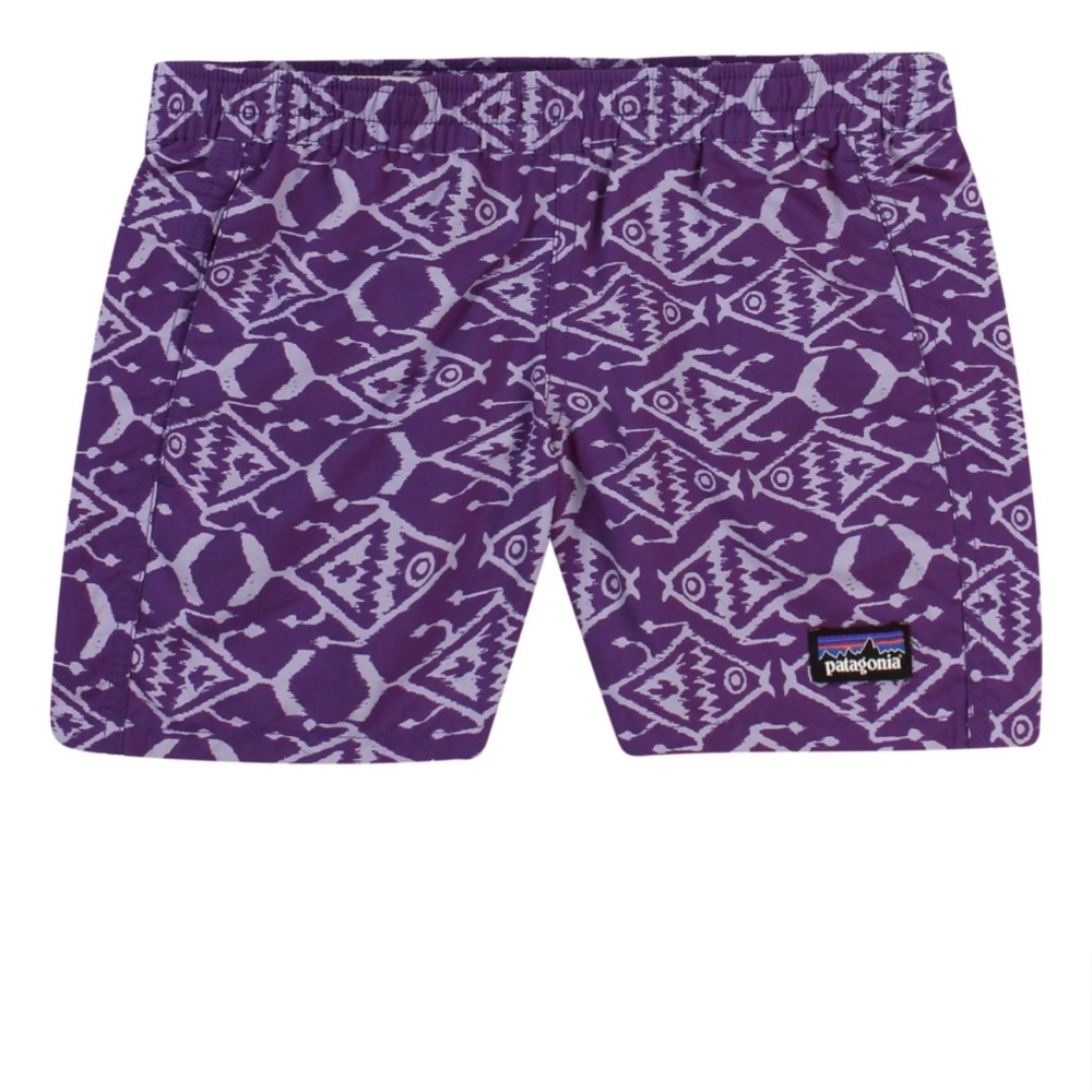 Patagonia Girls Baggies Shorts Color is Ikat Fish Purple size XL